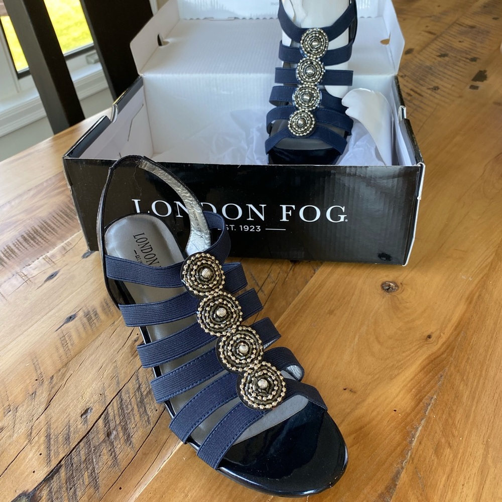 London Fog Navy Sandals, never worn. 8 1/2